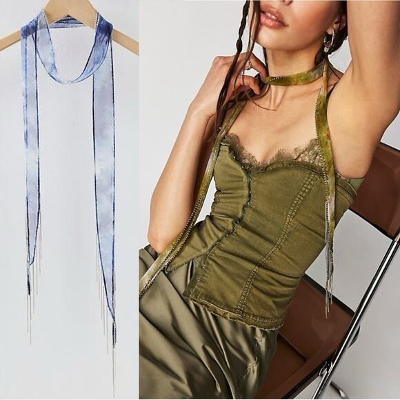 Free People Chan Luu Washed Ashore Fringe Skinny Scarf Denim Blue NWT Bohemian - Picture 1 of 11